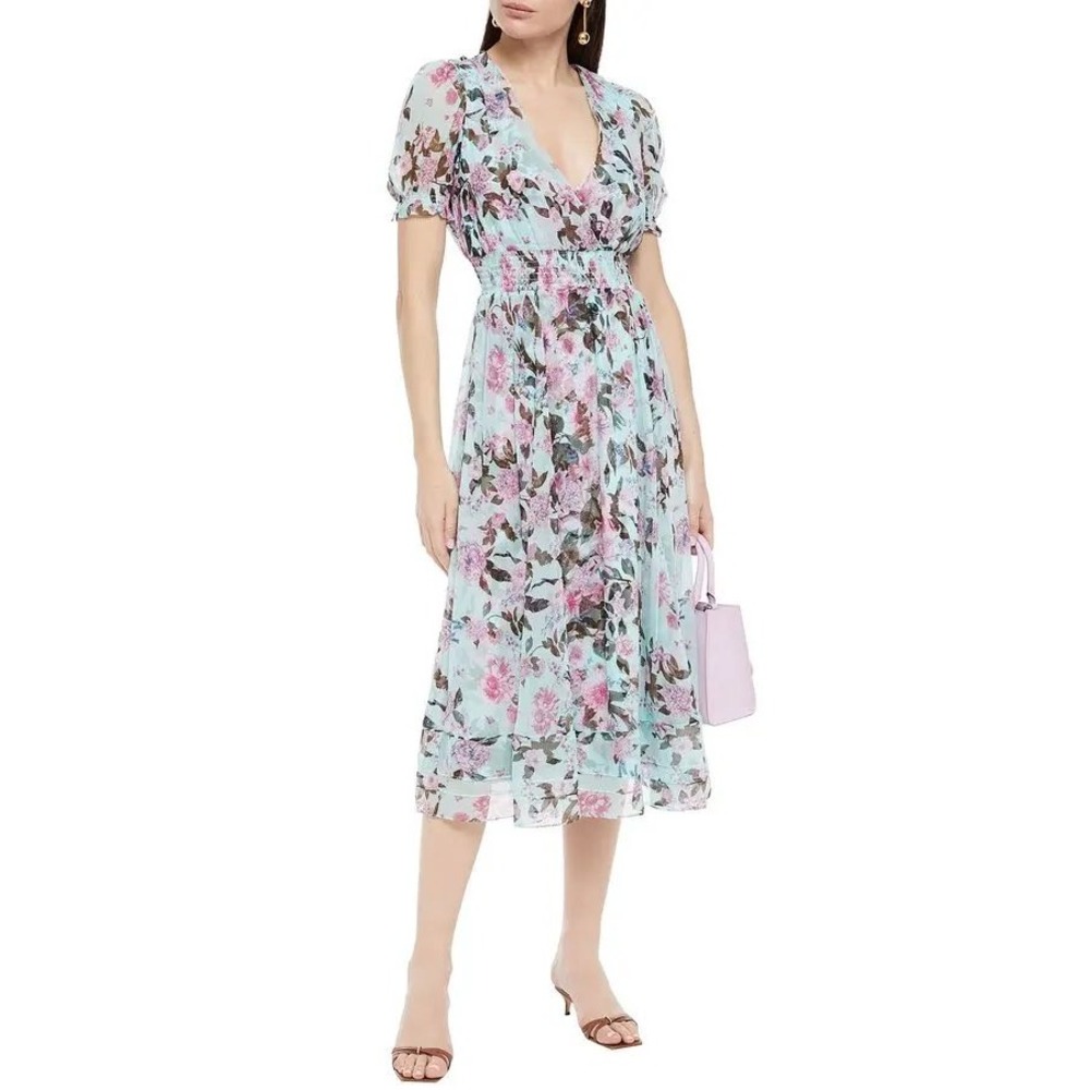 Diane von Furstenberg DVF Silk Floral Smocked Midi Dress Aqua Blue XS